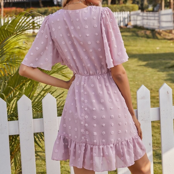 Bohemian Pink Swiss Dot Surplice Ruffle Dress - Picture 4 of 5